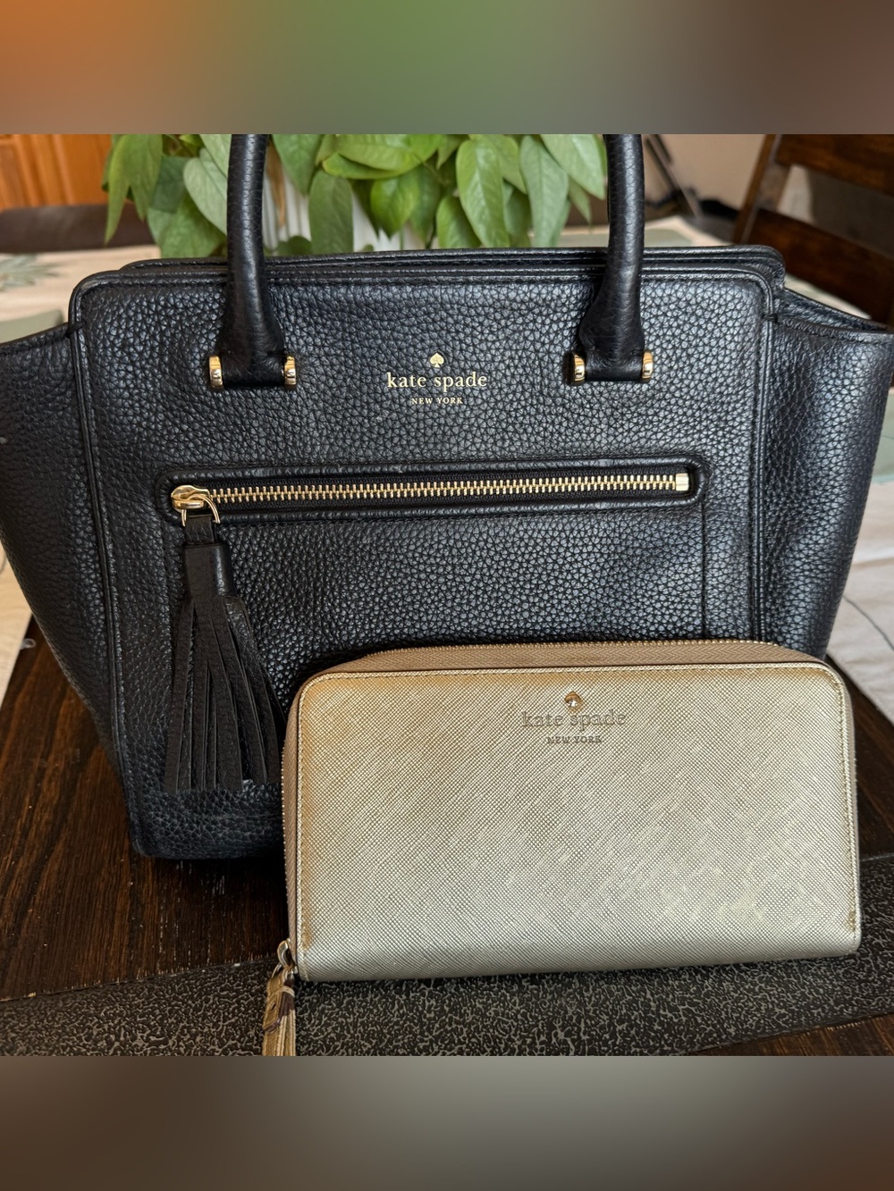 kate spade Black Pebbled Leather Satchel with Gold Zip Wallet